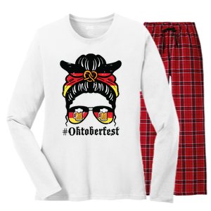 Oktoberfest Messy Bun German Flag Bavarian Festival Women Women's Long Sleeve Flannel Pajama Set 