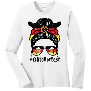 Oktoberfest Messy Bun German Flag Bavarian Festival Women Ladies Long Sleeve Shirt