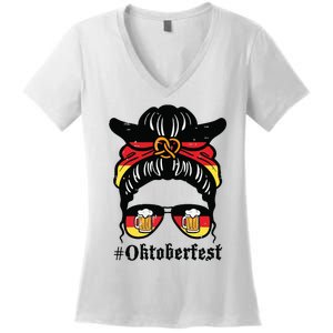 Oktoberfest Messy Bun German Flag Bavarian Festival Women Women's V-Neck T-Shirt