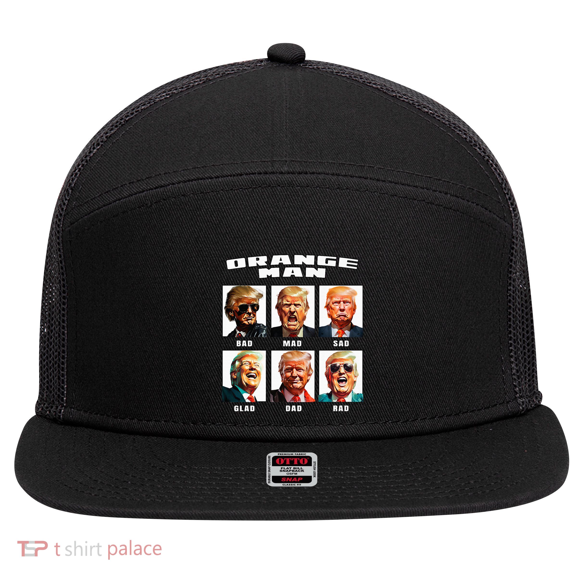 Orange Man Bad The Many Faces of Donald Trump 7 Panel Mesh Trucker Snapback Hat