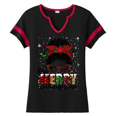 One Merry Cardiology Nurse Messy Bun Xmas Love Nurse Life Gift Ladies Halftime Notch Neck Tee