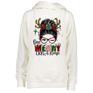 One Merry Charge Nurse Messy Bun Christmas Love Nurse Life Gift Womens Funnel Neck Pullover Hood