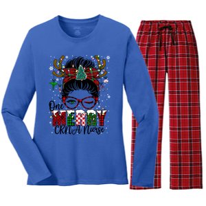 One Merry Charge Nurse Messy Bun Christmas Love Nurse Life Gift Women's Long Sleeve Flannel Pajama Set 