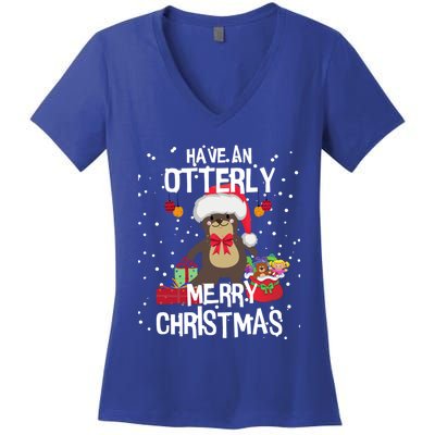 Otterly Merry Christmas Funny Otter Christmas Gift Women's V-Neck T-Shirt