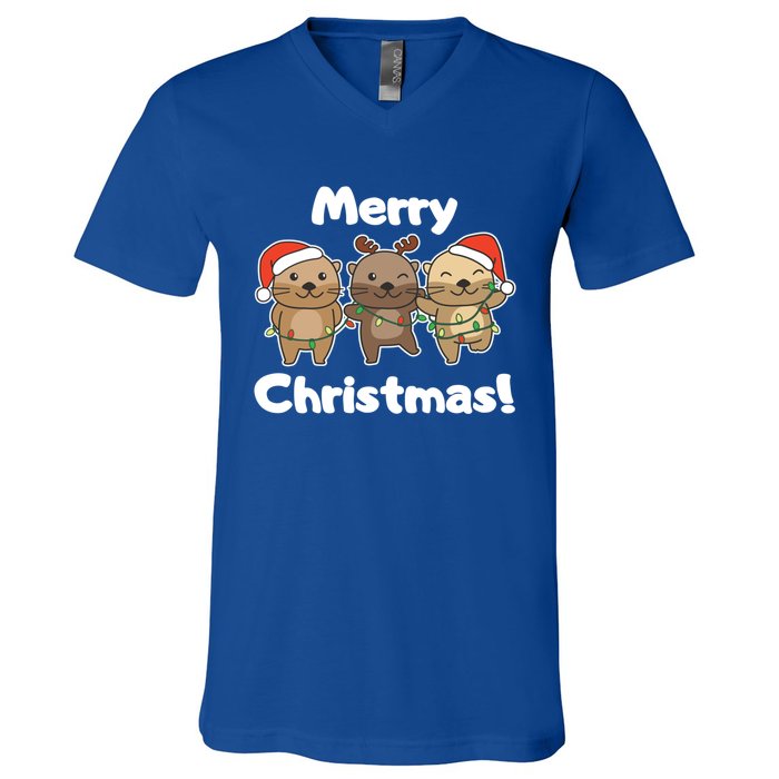 Otter Merry Christmas Winter Animals Otter Gift V-Neck T-Shirt