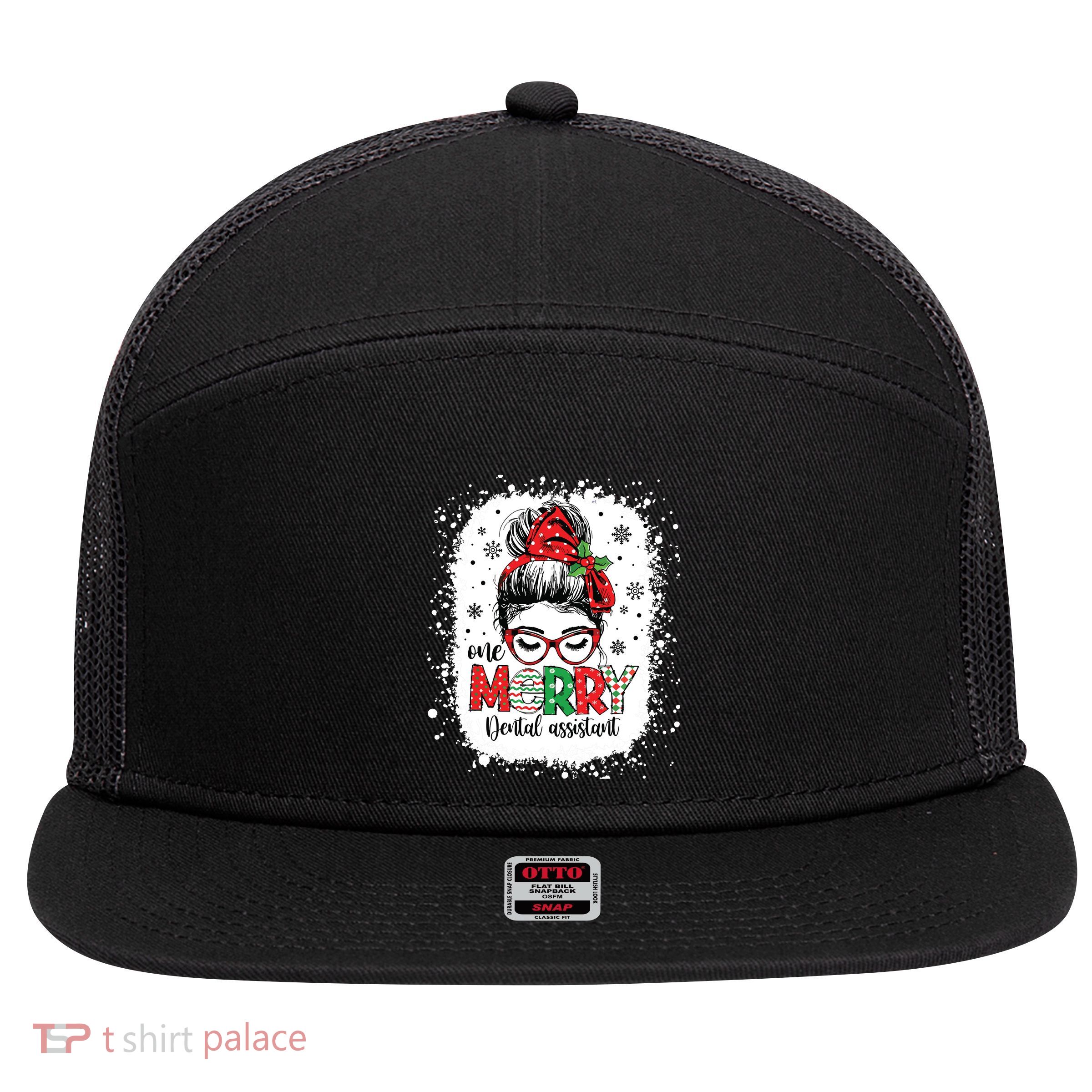 One Merry Dental Assistant Messy Bun Dental Nurse Christmas 7 Panel Mesh Trucker Snapback Hat