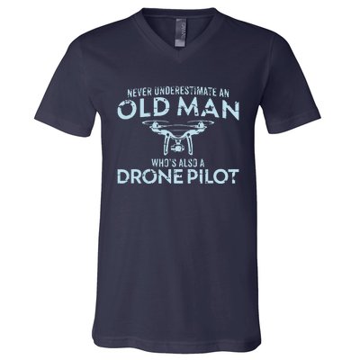 Old Man Drone Pilot Men Quadcopter Operator Gift UAV V-Neck T-Shirt