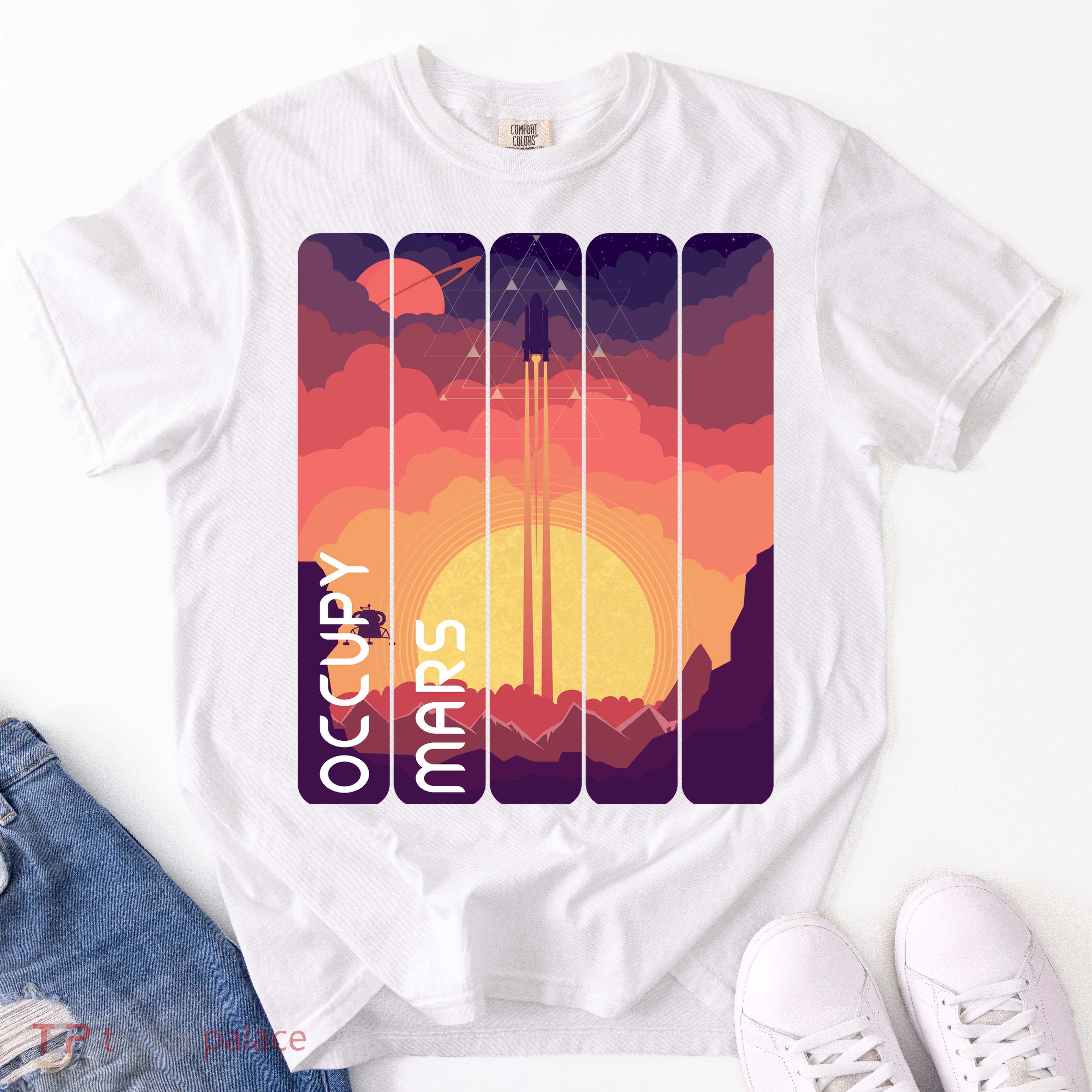 Occupy Mars Elon Musk Spacex Space Landscape Astronaut Planets Stars Garment-Dyed Heavyweight T-Shirt