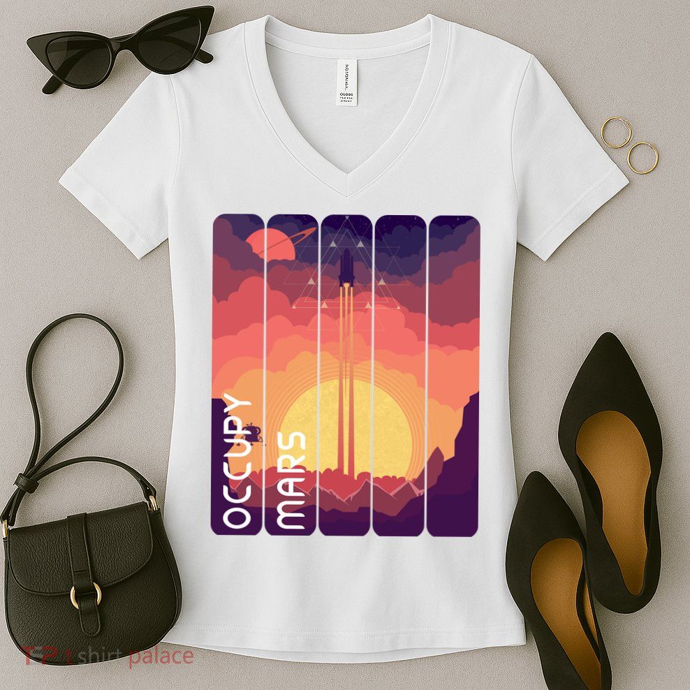 Occupy Mars Elon Musk Spacex Space Landscape Astronaut Planets Stars Women's V-Neck T-Shirt