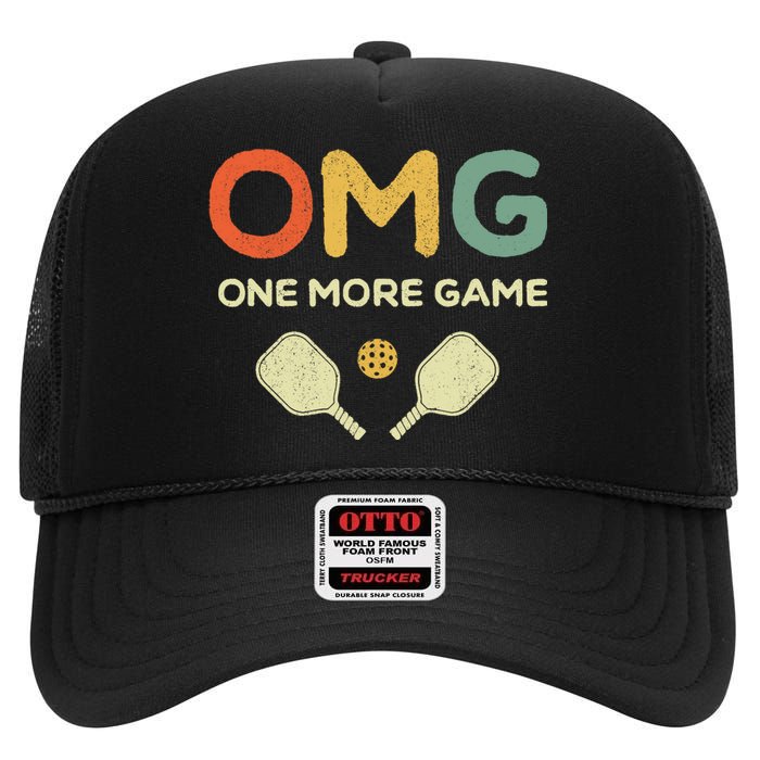 One More Game OMG Retro Funny Pickleball Lover Pickle Ball High Crown Mesh Back Trucker Hat