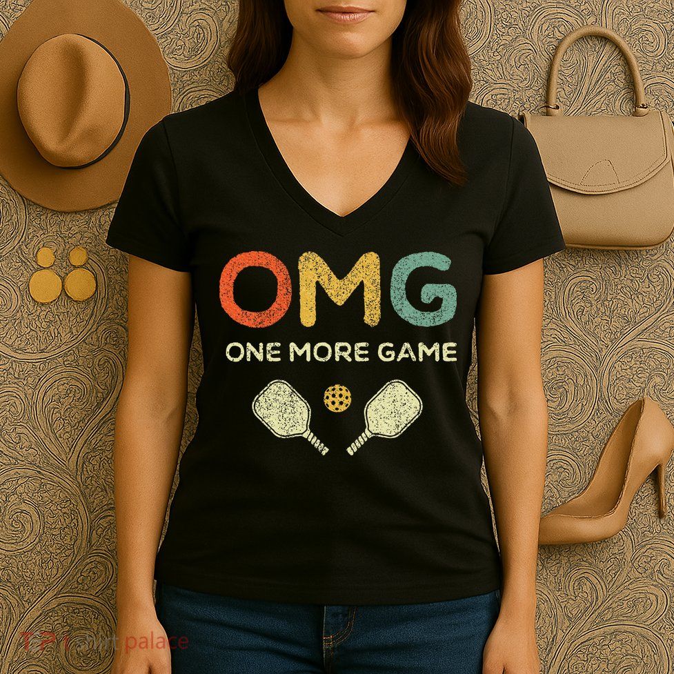 One More Game Omg Retro Funny Pickleball Lover Pickle Ball Women's V-Neck T-Shirt