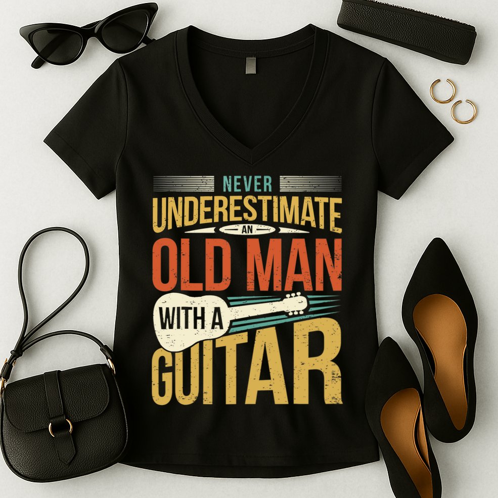 Old Man Guitar Player Saying Father Grandpa Man Guitarist Women's V-Neck T-Shirt