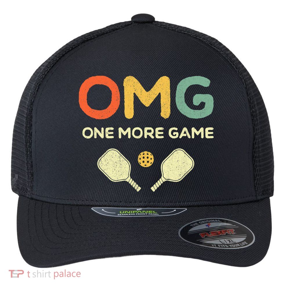 One More Game OMG Retro Funny Pickleball Lover Pickle Ball Flexfit Unipanel Trucker Cap