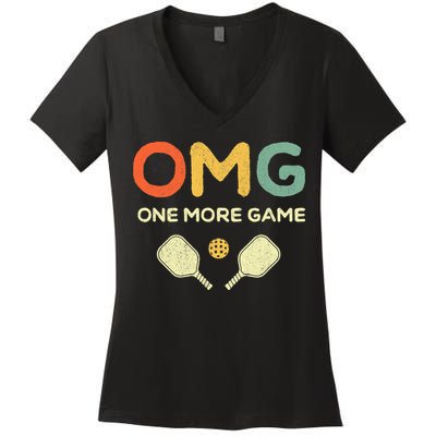 One More Game OMG Retro Funny Pickleball Lover Pickle Ball Women's V-Neck T-Shirt