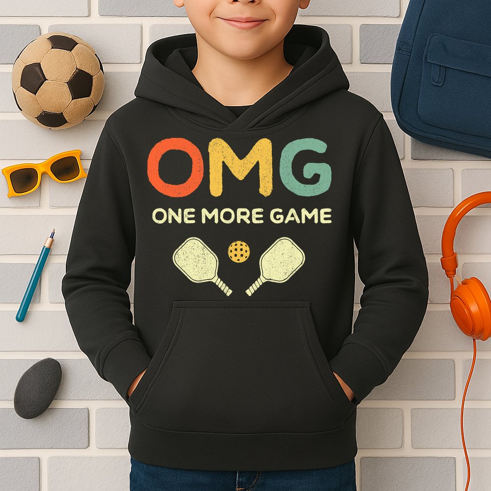 One More Game OMG Retro Funny Pickleball Lover Pickle Ball Kids Hoodie