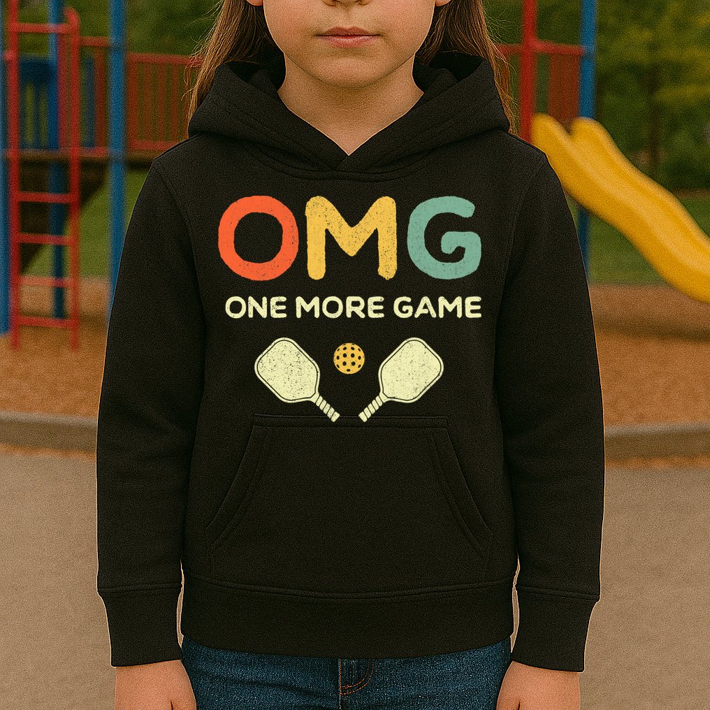 One More Game OMG Retro Funny Pickleball Lover Pickle Ball Kids Hoodie