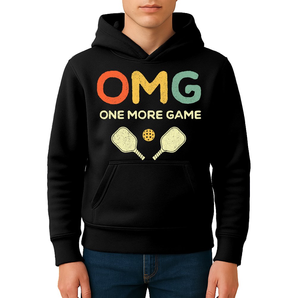 One More Game OMG Retro Funny Pickleball Lover Pickle Ball Kids Hoodie