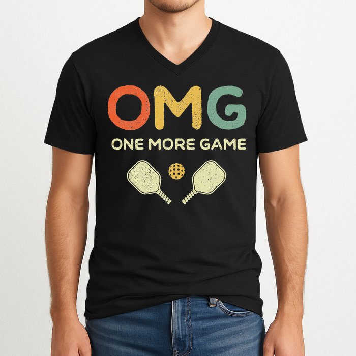 One More Game OMG Retro Funny Pickleball Lover Pickle Ball V-Neck T-Shirt