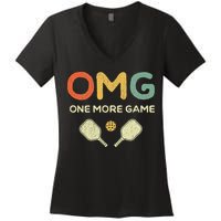 One More Game OMG Retro Funny Pickleball Lover Pickle Ball Women's V-Neck T-Shirt