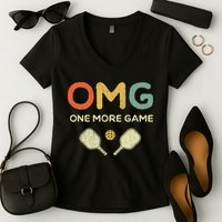 One More Game OMG Retro Funny Pickleball Lover Pickle Ball Women's V-Neck T-Shirt