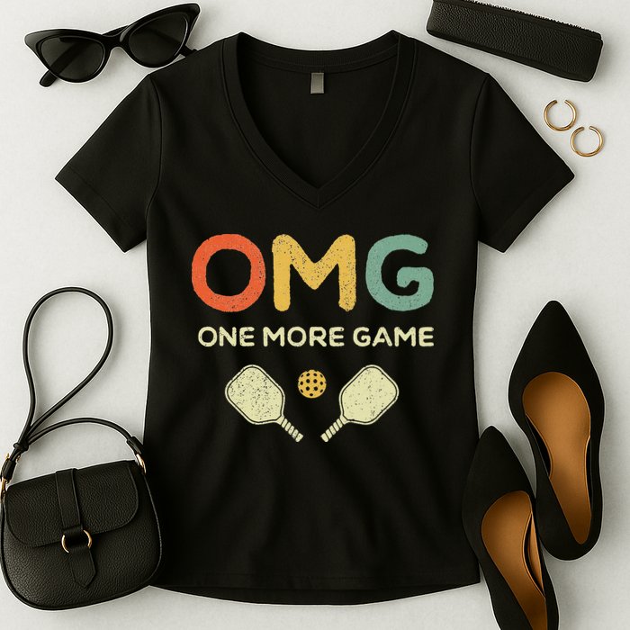 One More Game OMG Retro Funny Pickleball Lover Pickle Ball Women's V-Neck T-Shirt