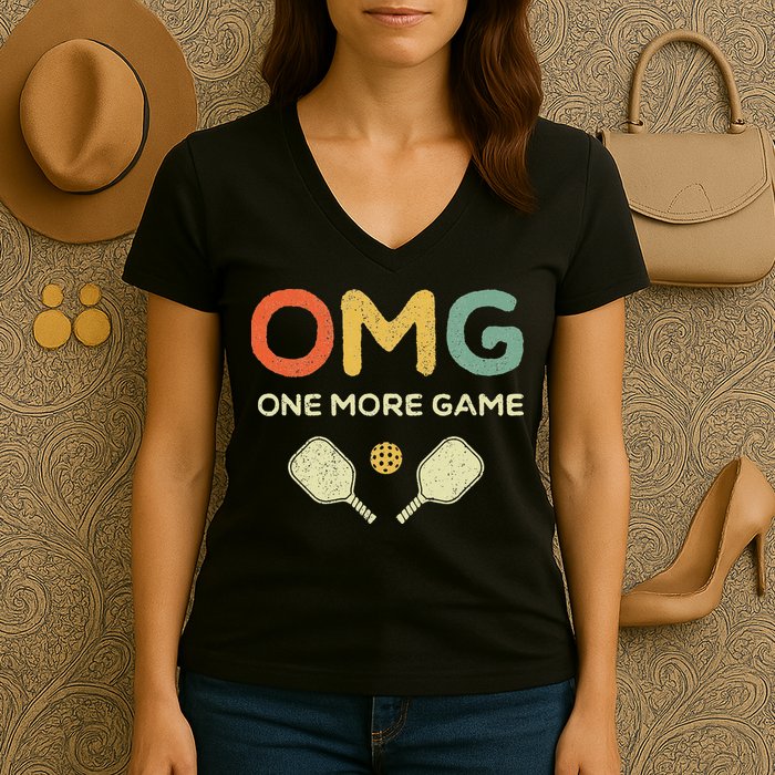 One More Game OMG Retro Funny Pickleball Lover Pickle Ball Women's V-Neck T-Shirt