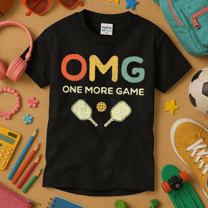 One More Game OMG Retro Funny Pickleball Lover Pickle Ball Kids T-Shirt