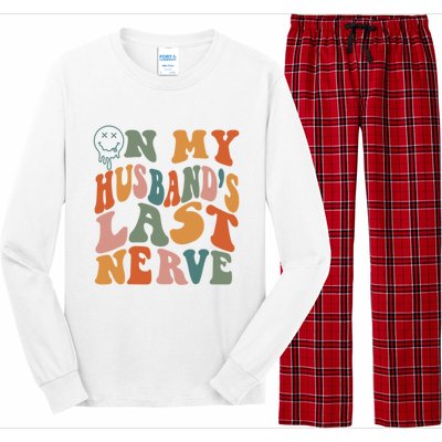 On My Husband's Last Nerve (On Back) Funny Retro Groovy Long Sleeve Pajama Set