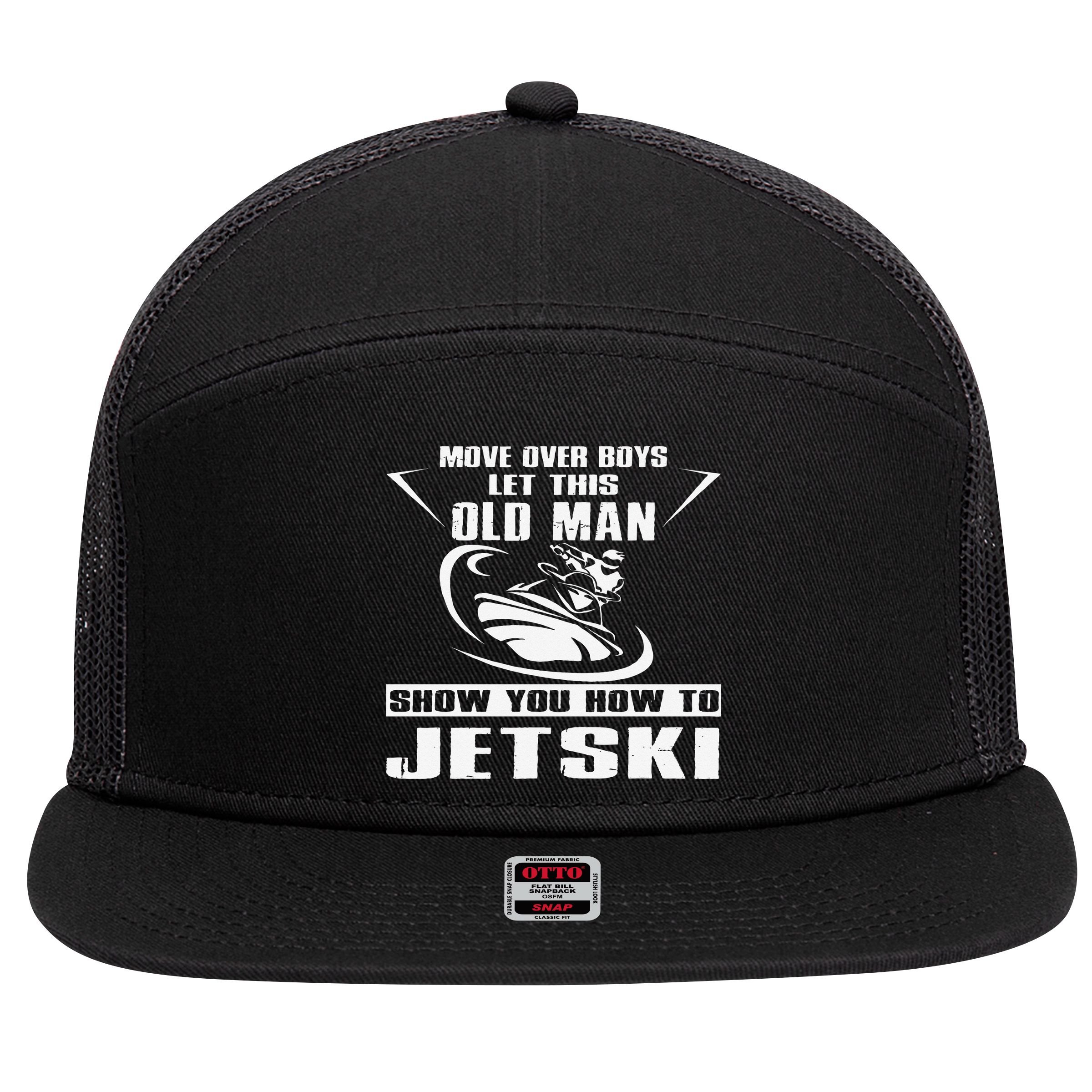Old Man How To Jetski Cool Retro JetSki Jet Skiing 7 Panel Mesh Trucker Snapback Hat