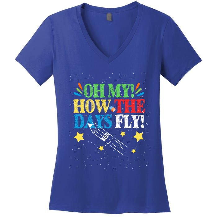 Oh My! How The Days Fly! 100th Day Of School Gift Women's V-Neck T-Shirt