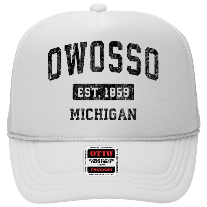 Owosso Michigan Mi Vintage Sports Established Design High Crown Mesh Back Trucker Hat