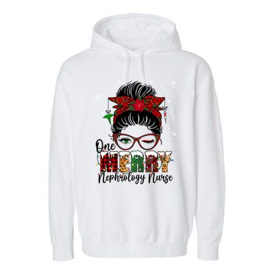 One Merry Nephrology Nurse Messy Bun Xmas Love Nurse Life Funny Gift Garment-Dyed Fleece Hoodie