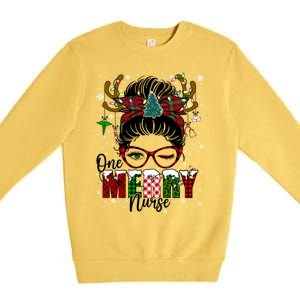 One Merry Nurse Leopard Messy Bun Christmas Love Nurse Life Meaningful Gift Premium Crewneck Sweatshirt