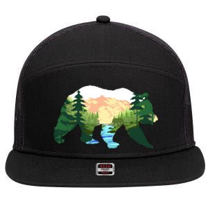 Outdoor Mountains Nature Animal Forest Trees Brown Bear Gift 7 Panel Mesh Trucker Snapback Hat