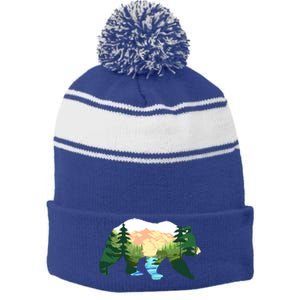 Outdoor Mountains Nature Animal Forest Trees Brown Bear Gift Stripe Pom Pom Beanie