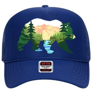 Outdoor Mountains Nature Animal Forest Trees Brown Bear Gift High Crown Mesh Back Trucker Hat