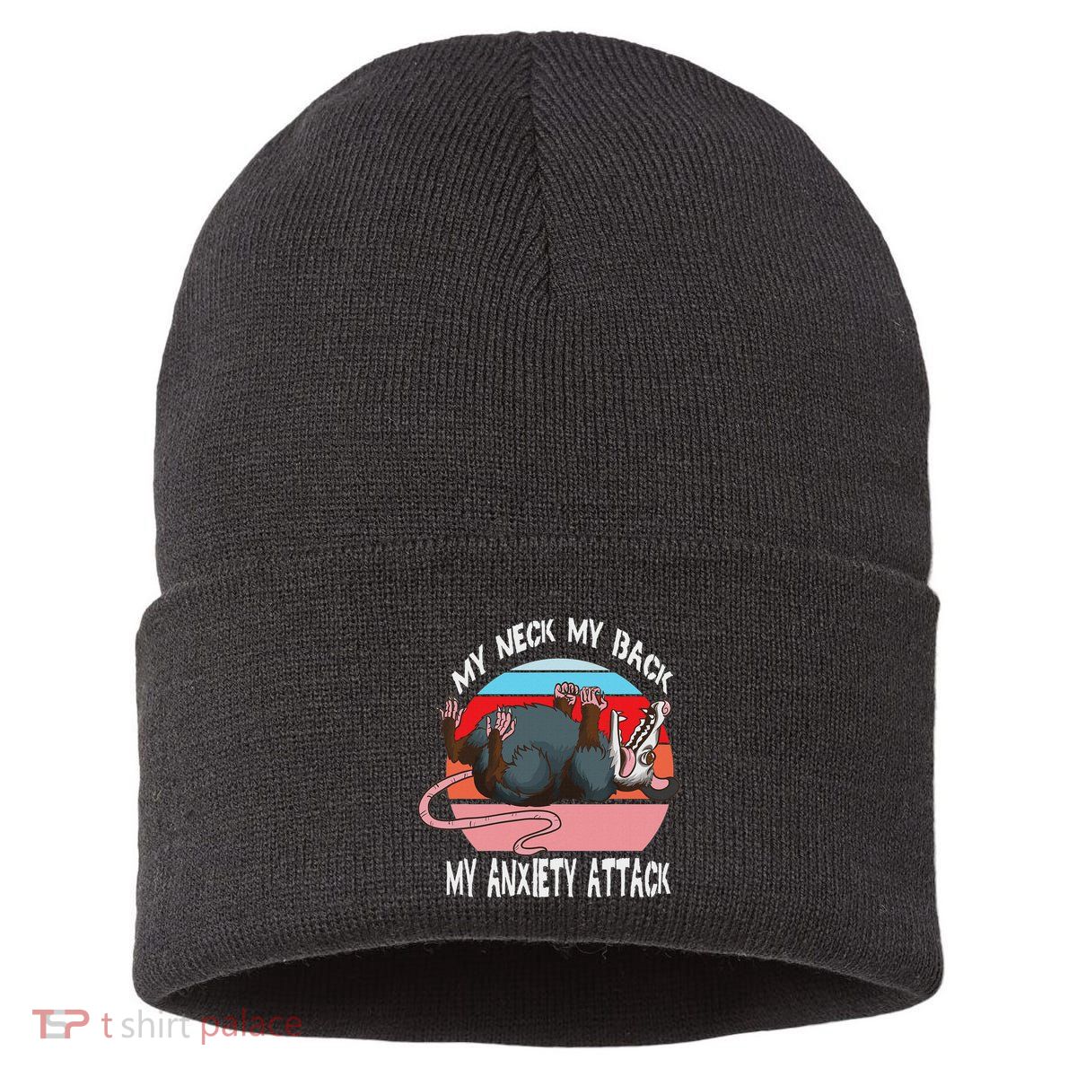Opossum My Neck My Back My Anxiety Attack Retro Vintage Sustainable Knit Beanie