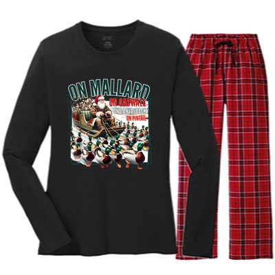 On Mallard On Gadwall Christmas Funny Duck Hunting Santa Women's Long Sleeve Flannel Pajama Set 