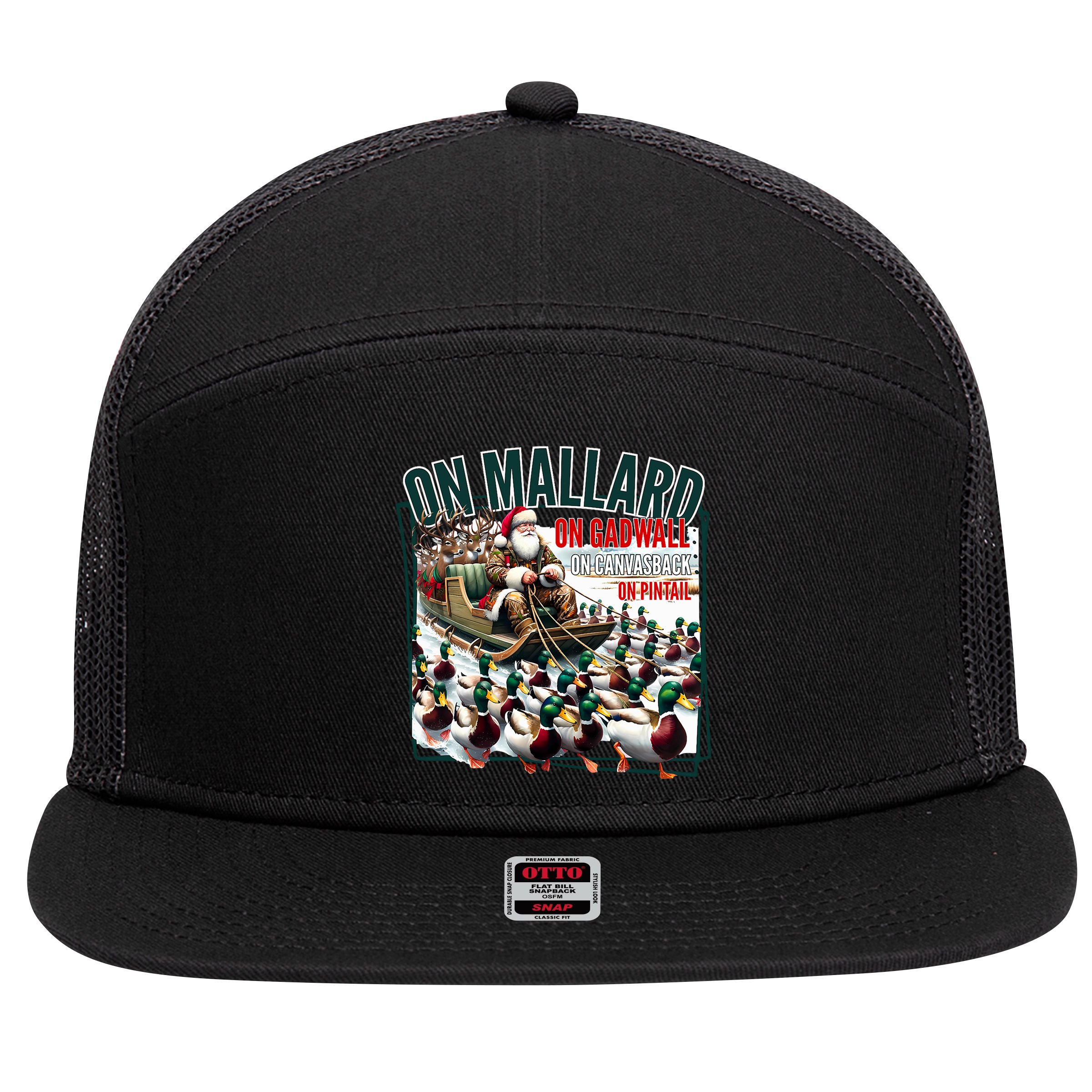 On Mallard On Gadwall Christmas Funny Duck Hunting Santa 7 Panel Mesh Trucker Snapback Hat