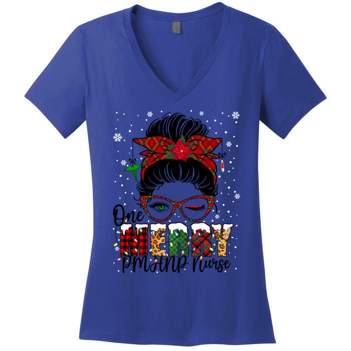 One Merry Pmhnp Nurse Messy Bun Christmas Love Nurse Life Gift Women's V-Neck T-Shirt