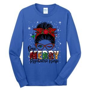 One Merry Psychiatric Nurse Messy Bun Xmas Love Nurse Life Gift Tall Long Sleeve T-Shirt