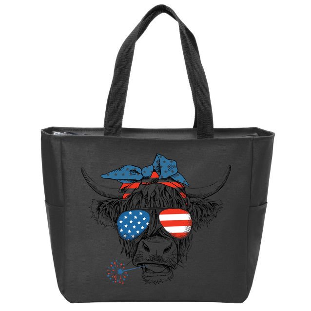 Oh My Stars Cow Highland Cow 4th July American Flag Fourth Of July  Independe Zip Tote Bag