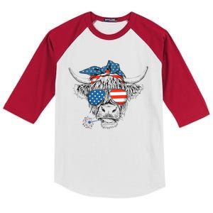 Oh My Stars Cow Highland Cow 4th July American Flag Fourth Of July  Independe Kids Colorblock Raglan Jersey