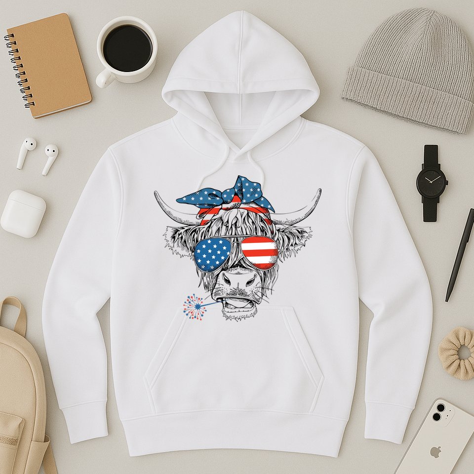 Oh My Stars Cow Highland Cow 4th July American Flag Fourth Of July  Independe Hoodie