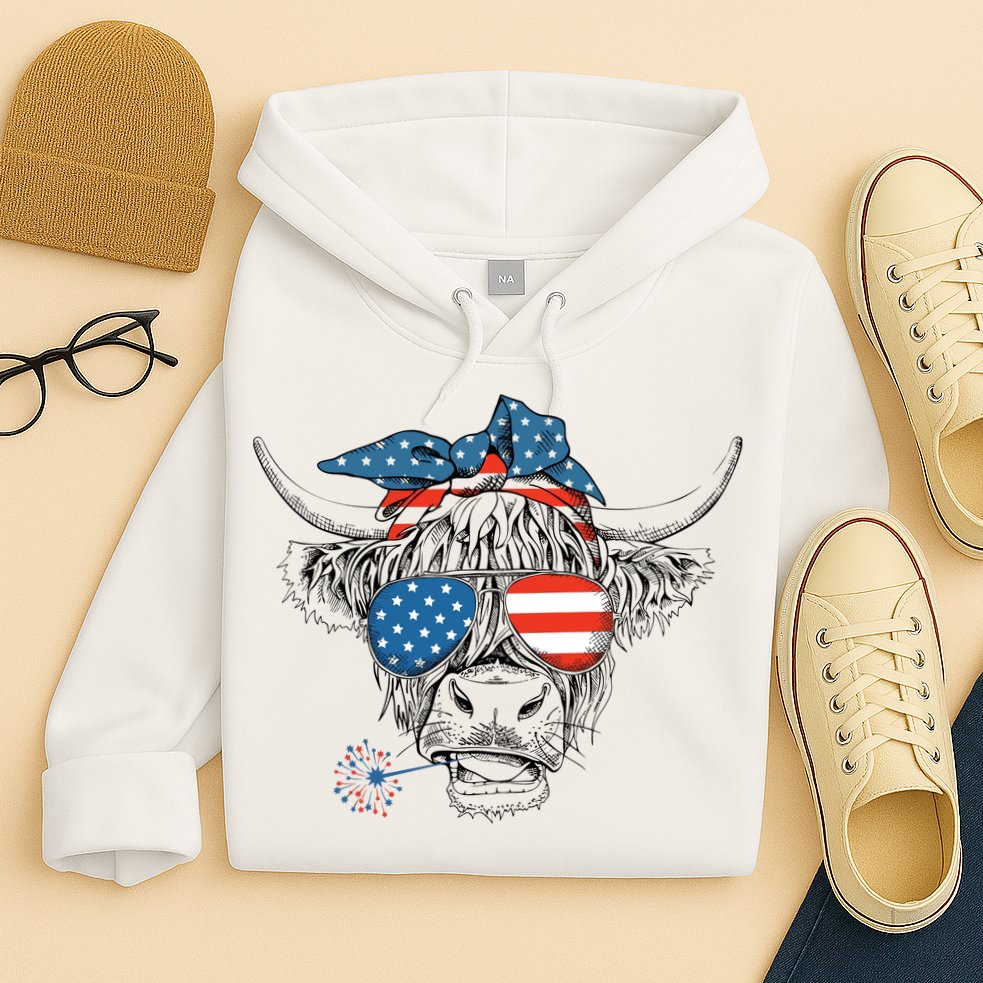Oh My Stars Cow Highland Cow 4th July American Flag Fourth Of July  Independe Hoodie