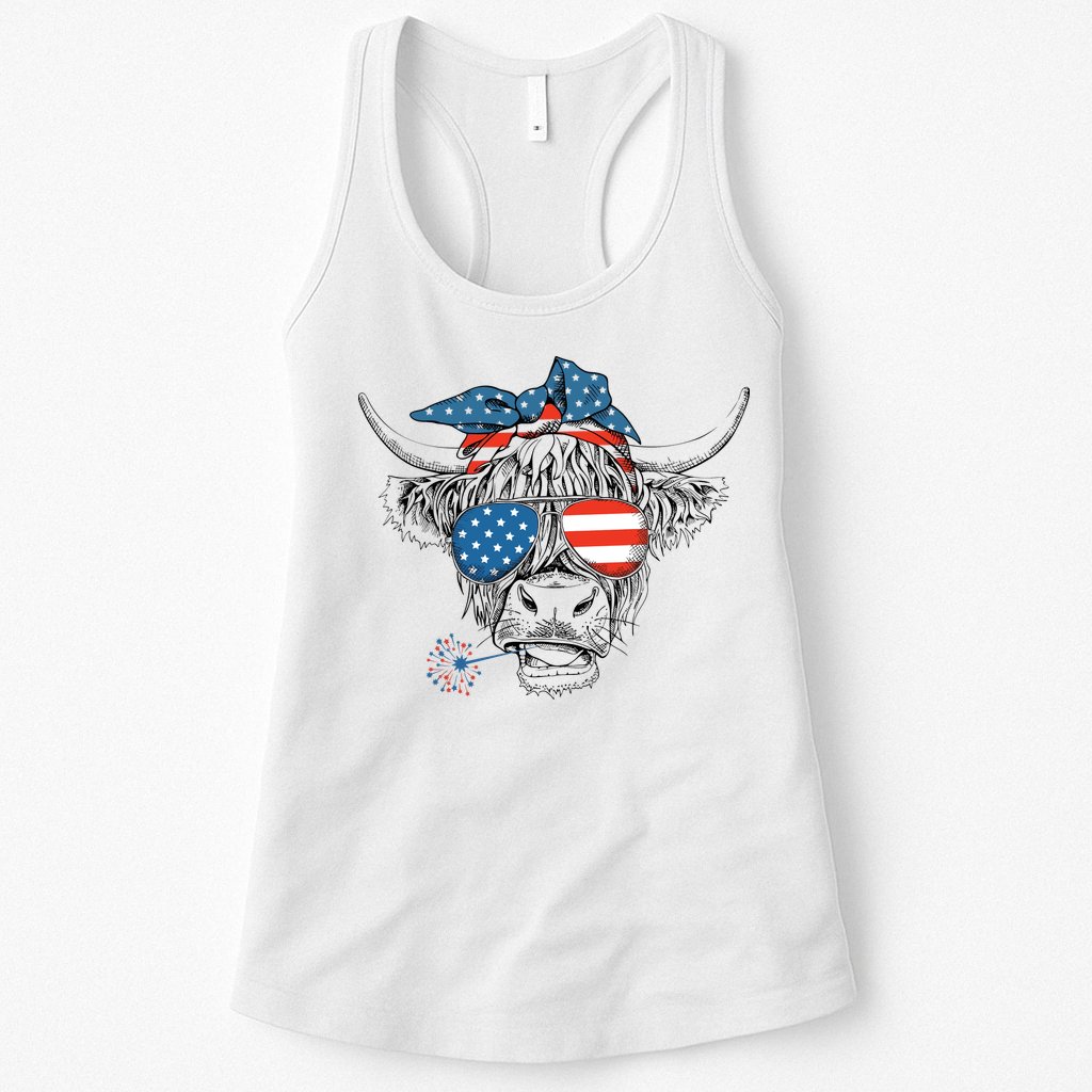 Oh My Stars Cow Highland Cow 4th July American Flag Fourth Of July  Independe Womens Tank Top