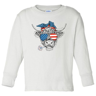 Oh My Stars Cow Highland Cow 4th July American Flag Fourth Of July  Independe Toddler Long Sleeve Shirt