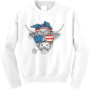 Oh My Stars Cow Highland Cow 4th July American Flag Fourth Of July  Independe Kids Sweatshirt