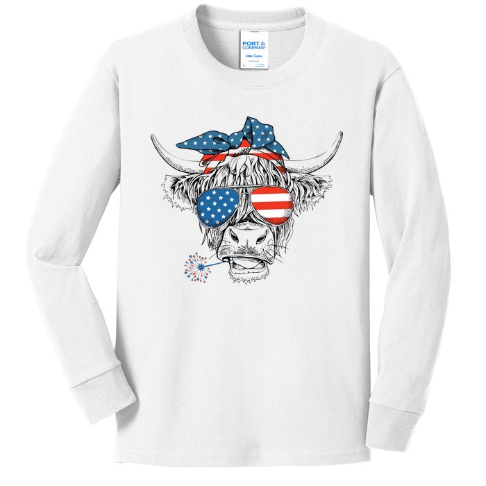 Oh My Stars Cow Highland Cow 4th July American Flag Fourth Of July  Independe Kids Long Sleeve Shirt