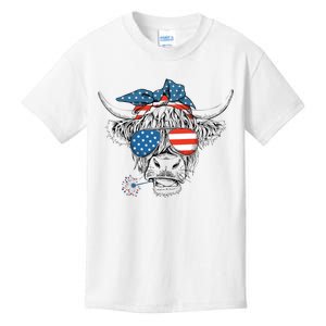 Oh My Stars Cow Highland Cow 4th July American Flag Fourth Of July  Independe Kids T-Shirt